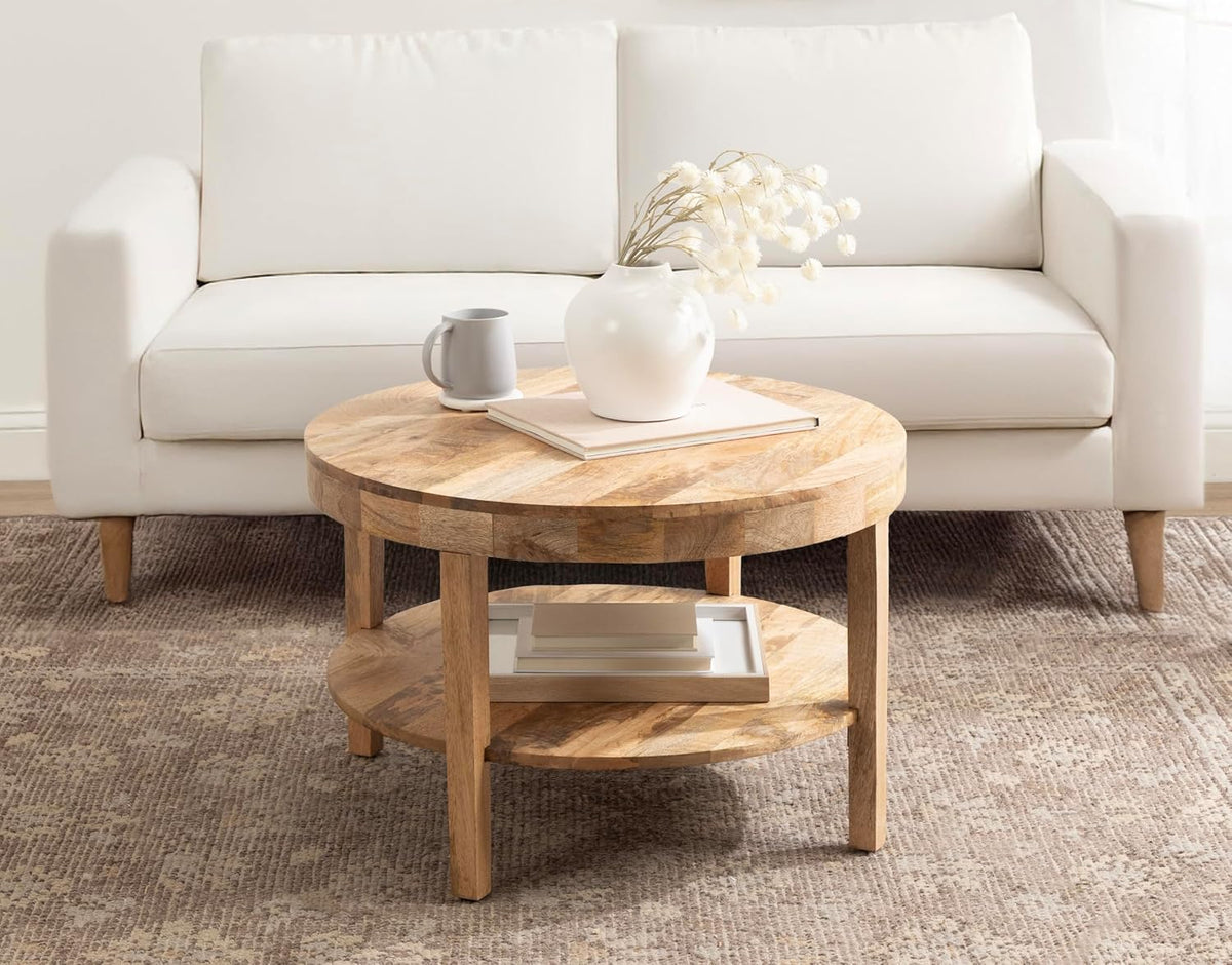Talcott Tiered Modern round Coffee Table, 28 X 28 X 18, Natural Wood, Transitional Two-Tier Circle Living Room Table with Storage and Mango Wood Construction