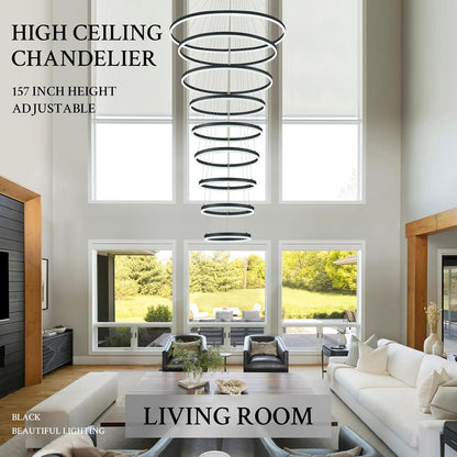9-Rings D39.4In Modern LED Chandelier Black Dimmable High Ceiling Foyer Chandeliers Entryway with Remote Control for Staircase Entryway Living Room Foyer, 3000K-6500K