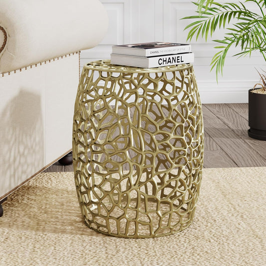 Helast Aluminium Side Table, 14.00'' W round Sofa Side Table, Modern Indoor Accent Table for Living Room Bedroom Home Office, Abstract Hollow, Gold