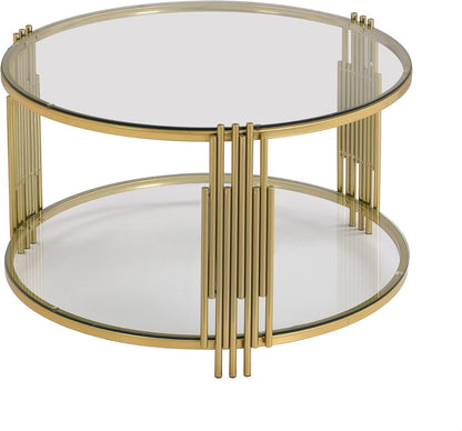 Koase Modern Mirror Coffee Table with Asymmetrical Gold Metal Base, 31.5" round Glass Top Center Accent Table, Circular Drum Design and Lower Display Shelf, Living Room Decor, Transparent