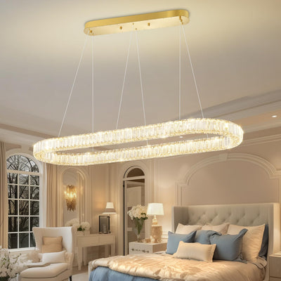 40 Inch LED Crystal Ring Chandelier | Dining Room | Modern Linear Pendant | Light Oval Ring Chandeliers Dimmable