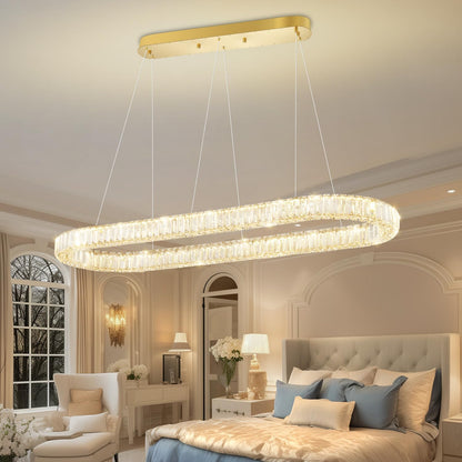 40Inch LED Crystal Ring Chandelier for Dining Room Modern Linear Pendant Light Oval Ring Chandeliers Dimmable 3000K-6000K
