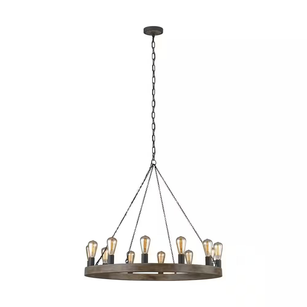 Studio Avenir 12-Light Weathered Oak Wood and Antique Forged Iron Rustic Farmhouse Wagon Wheel Candlestick Chandelier