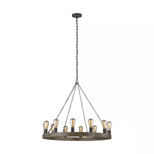Studio Avenir 12-Light Weathered Oak Wood and Antique Forged Iron Rustic Farmhouse Wagon Wheel Candlestick Chandelier