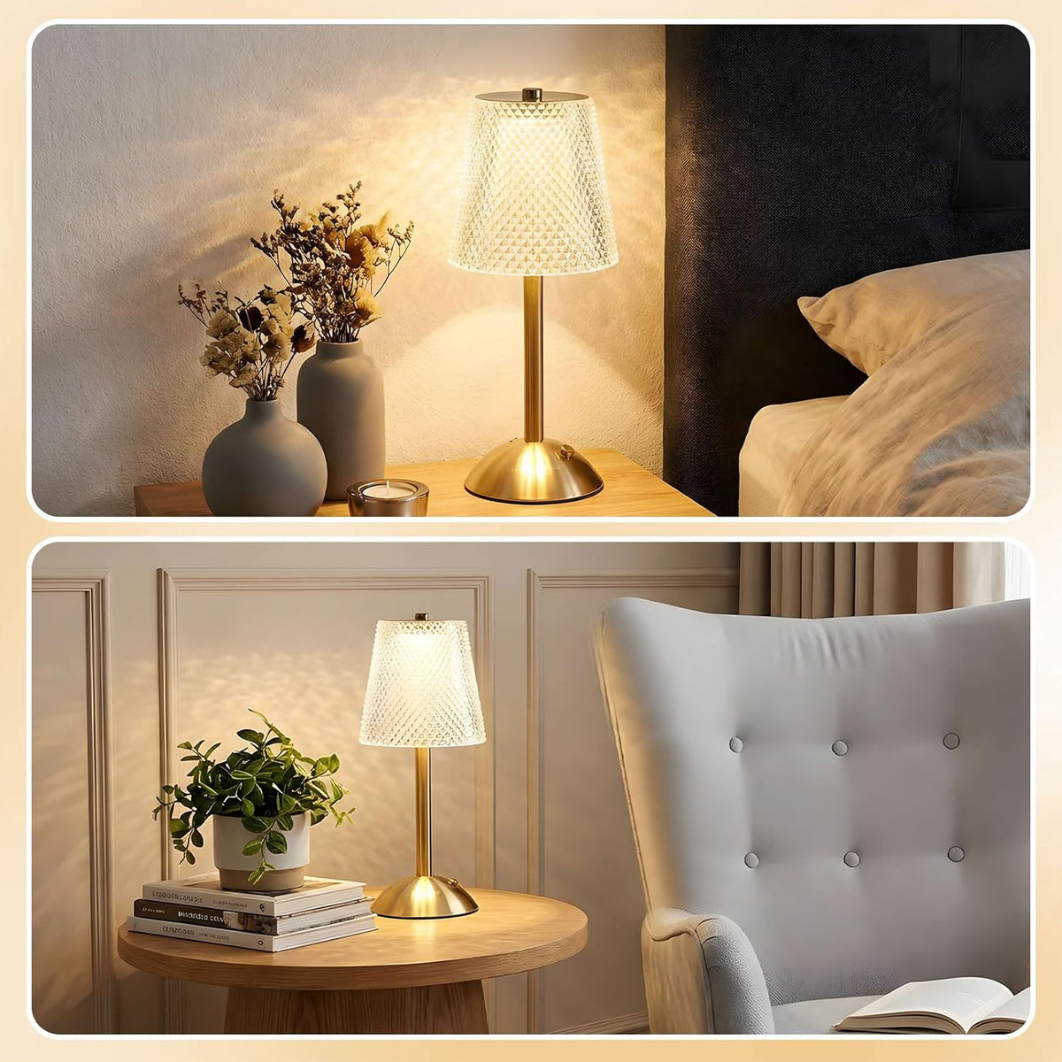 2 Pcs Cordless Table Lamp LED Touch, Gold, Crystal Cut Style