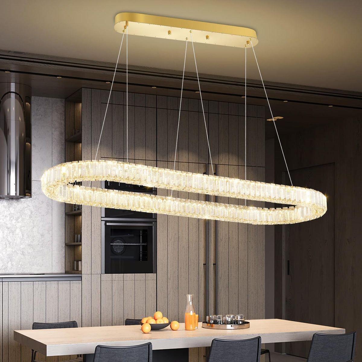 40Inch LED Crystal Ring Chandelier for Dining Room Modern Linear Pendant Light Oval Ring Chandeliers Dimmable 3000K-6000K