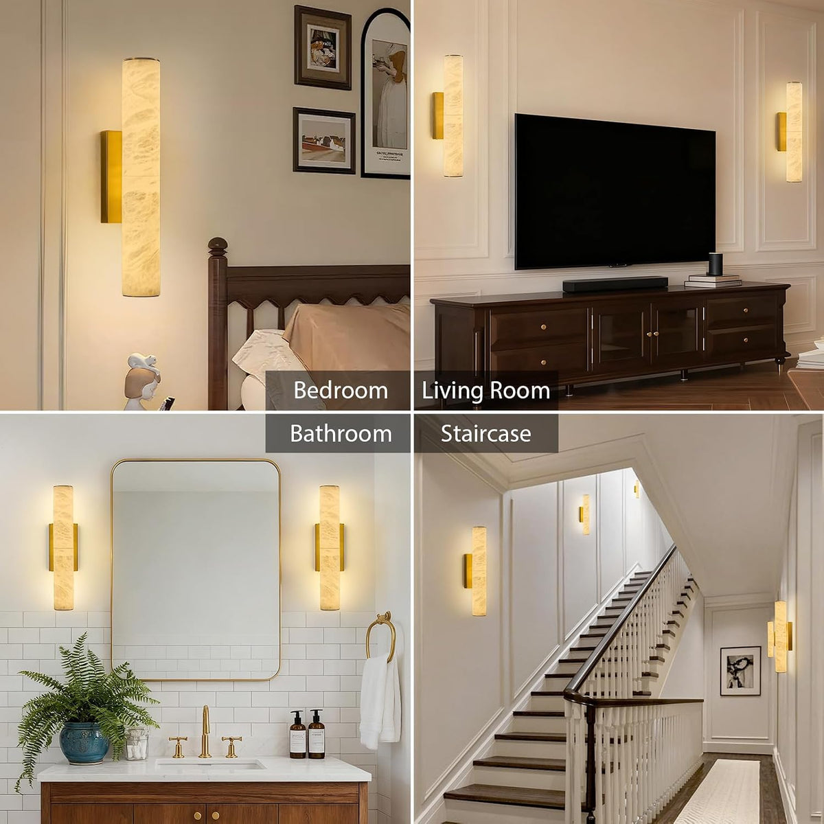 Natural Alabaster Brass Wall Sconce: Set of 2 Marble Stone Vanity Sconces