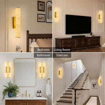 Natural Alabaster Brass Wall Sconce: Set of 2 Marble Stone Vanity Sconces