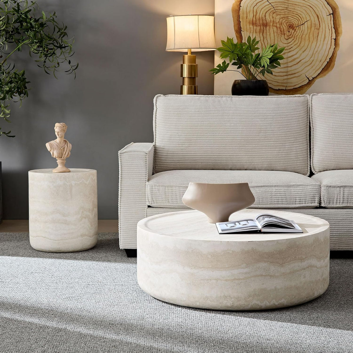 Round Coffee Table for Living Room Circle Coffee Table Faux Marble Pattern Coffee Table Modern Drum Center Table for Apartment, No Need Assembly (Travertine Fiberglass 39.37'')