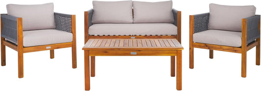 SAFAVIEH Outdoor Collection Wilson Brown Acacia Wood/Light Grey Cushion & Grey Rope 4-Piece Conversation Patio Set