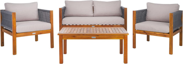 SAFAVIEH Outdoor Collection Wilson Brown Acacia Wood/Light Grey Cushion & Grey Rope 4-Piece Conversation Patio Set