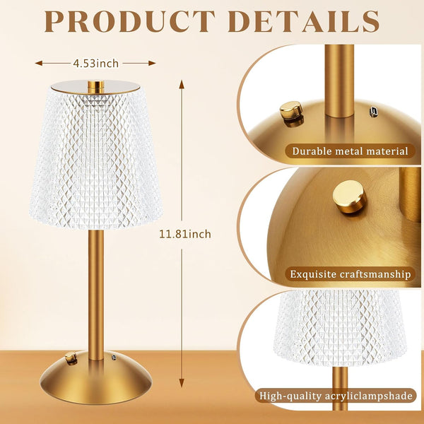 2 Pcs Cordless Table Lamp LED Touch, Gold, Crystal Cut Style