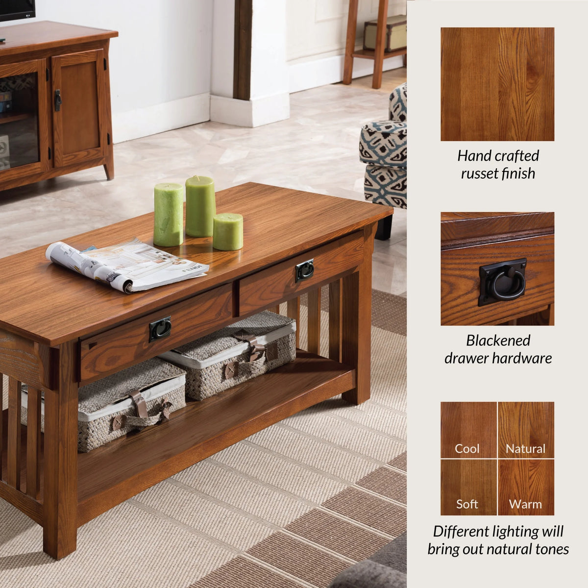 Leick Home Mission Solid Wood Coffee Table with Drawers and Shelf, Medium Oak Finish