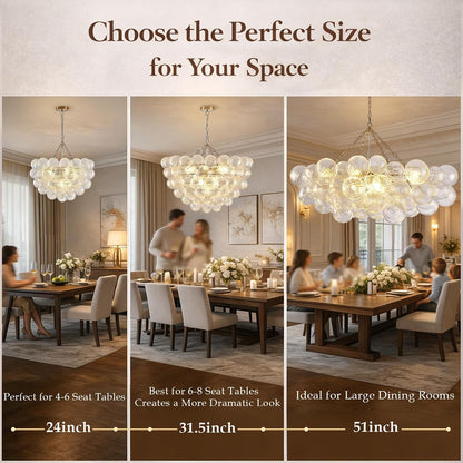 Bubble Chandelier for Dining Room, Dia 31.5" Gild Gold Brass Chandelier 10-Light Clear Ball Hand Blown Glass Chandeliers for Living Room Entryway round Cluster Globe Chandeliers (G9 LED Base)