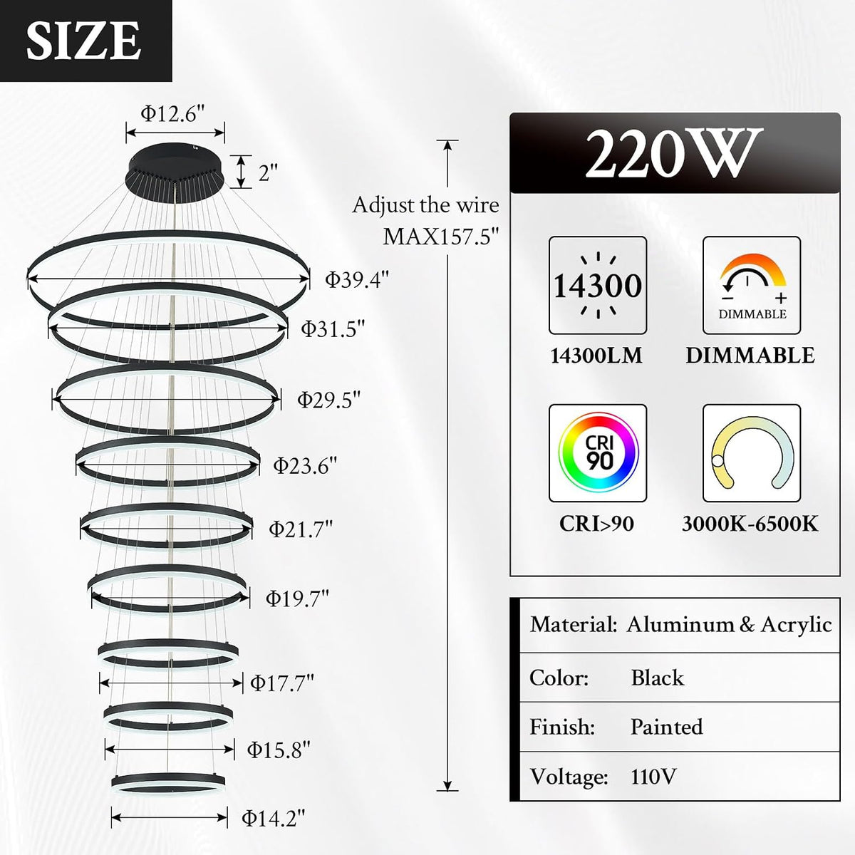 9-Rings D39.4In Modern LED Chandelier Black Dimmable High Ceiling Foyer Chandeliers Entryway with Remote Control for Staircase Entryway Living Room Foyer, 3000K-6500K