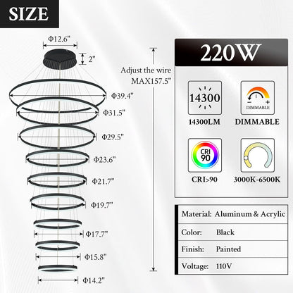 9-Rings D39.4In Modern LED Chandelier Black Dimmable High Ceiling Foyer Chandeliers Entryway with Remote Control for Staircase Entryway Living Room Foyer, 3000K-6500K