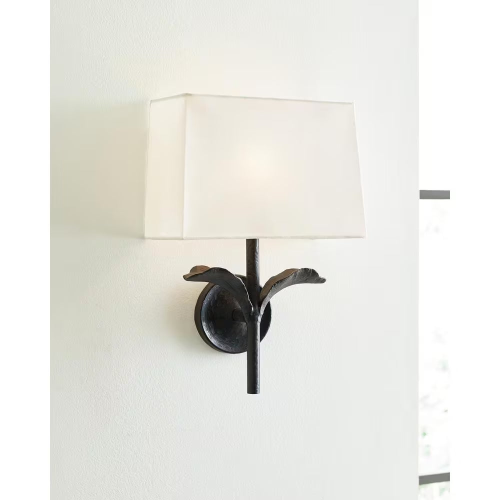 Georgia 1-Light 11 In. Aged Iron Wall Sconce with White Linen Shade