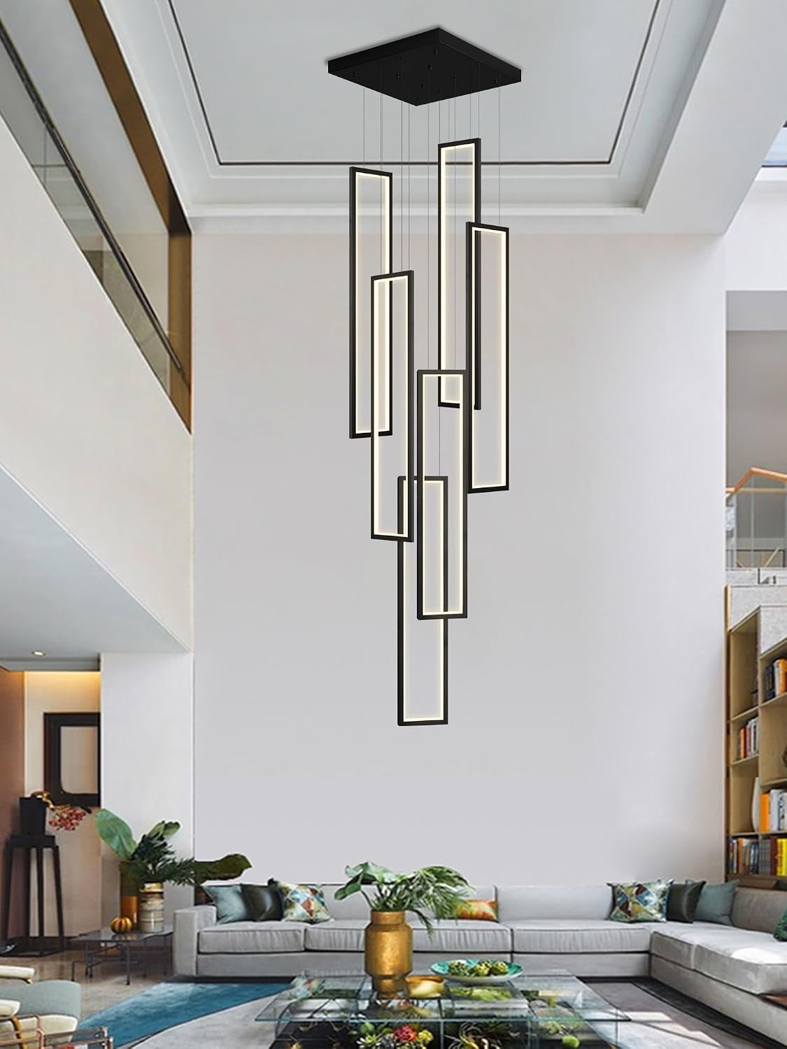 Modern Chandelier,Black Chandelier with 6 Ring Led Foyer Chandeliers,Larger High Ceiling Chandelier for Living Room,Square Chandelier for Entryway Staircase LED Dimming 2700K-6000K