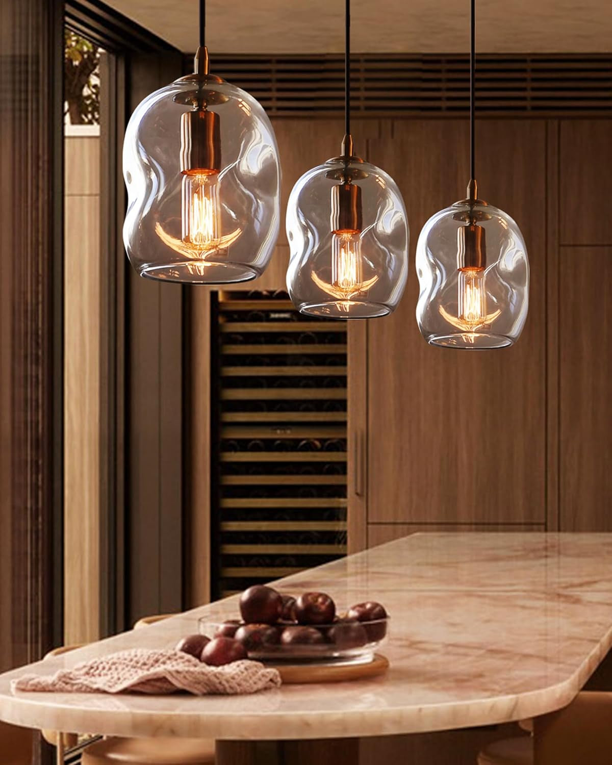 Glass Pendant Light, Brass Gold,Organic Globe 8 Inch H