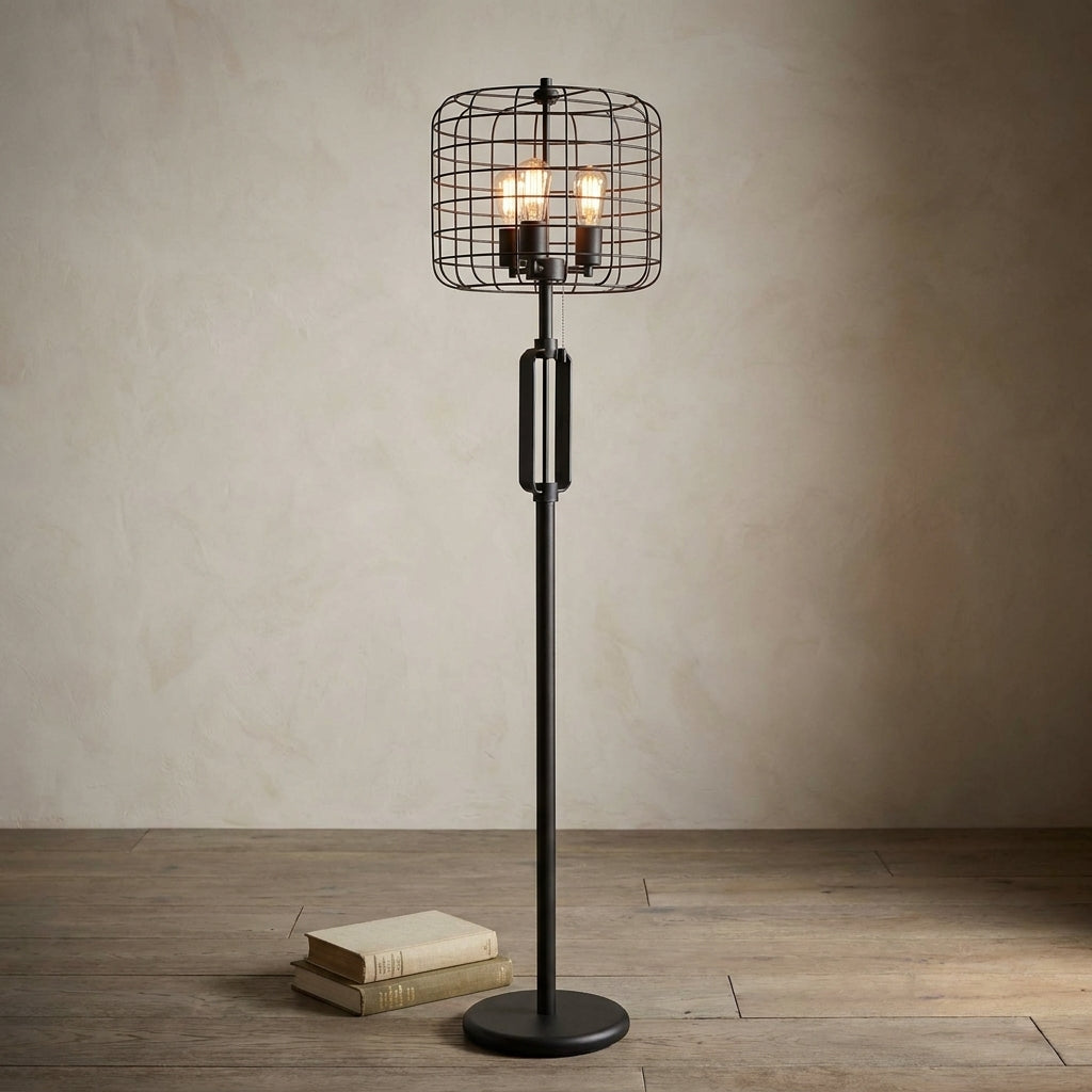 63 In. Sand Black Wire Cage Metal Floor Lamp — Studio Shot