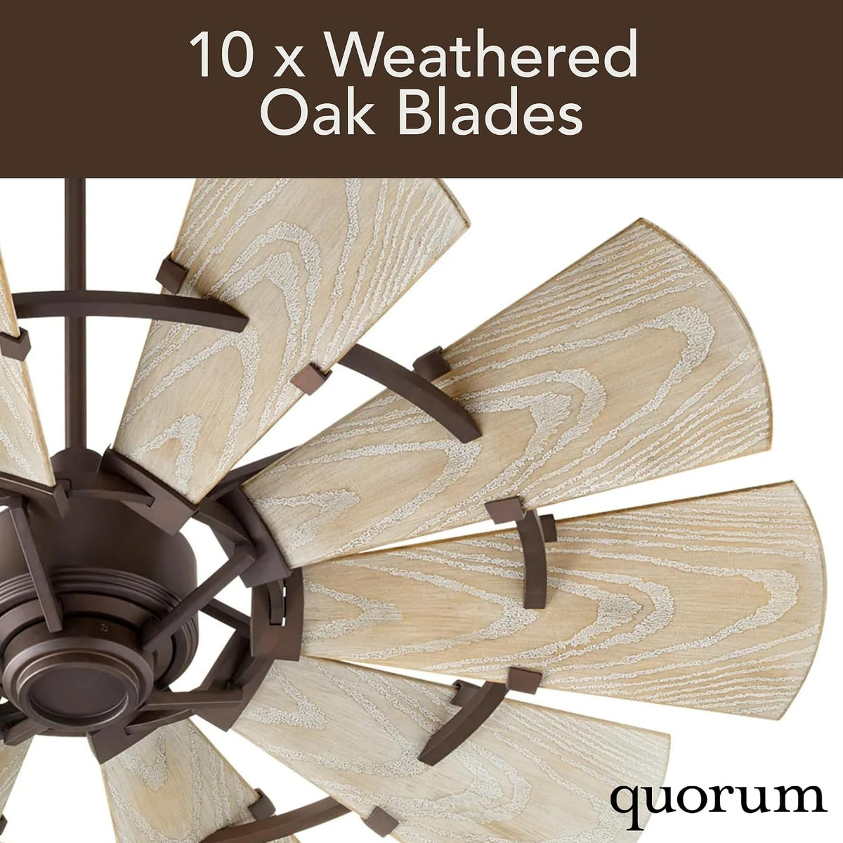 Quorum 95210-86 Windmill 52 Inch Ceiling Fan | 10 Blade Wagon Wheel Design | 6 Speed Reversible DC Motor | Remote Control Included | Dry Rated Indoor Fan | Weathered Oak Blades | Oiled Bronze Finish