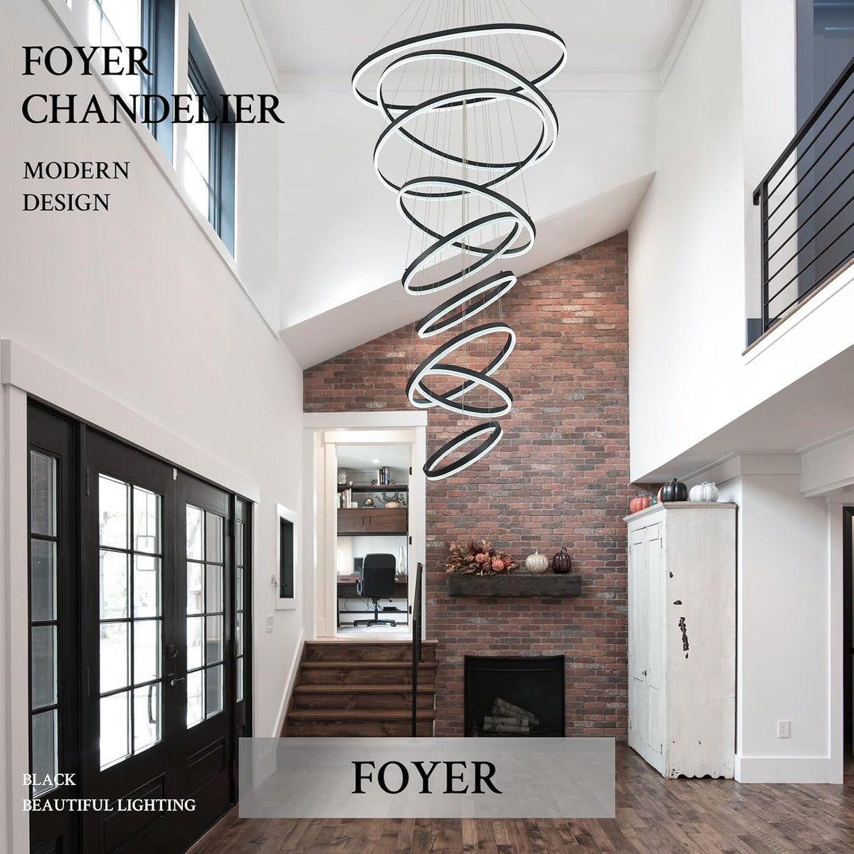 9-Rings D39.4In Modern LED Chandelier Black Dimmable High Ceiling Foyer Chandeliers Entryway with Remote Control for Staircase Entryway Living Room Foyer, 3000K-6500K