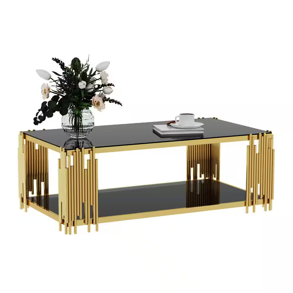 51 In. Black Rectangle Glass Coffee Table, Tempered Glass and Stainless Steel Legs, 2-Tier Center Table for Living Room