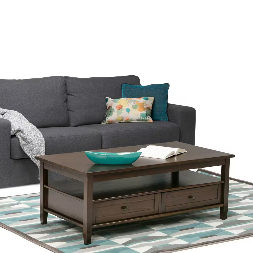 Warm Shaker 48 In. Wide Rectangle Solid Wood Coffee Table in Tobacco Brown