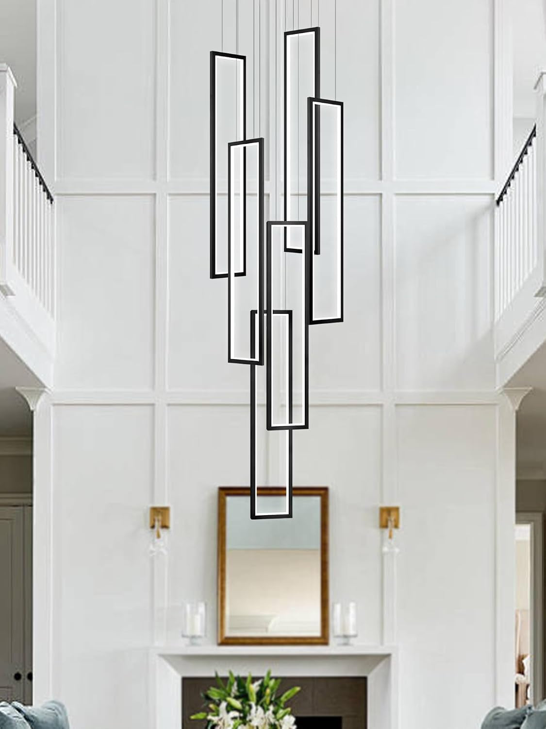 Modern Chandelier,Black Chandelier with 6 Ring Led Foyer Chandeliers,Larger High Ceiling Chandelier for Living Room,Square Chandelier for Entryway Staircase LED Dimming 2700K-6000K