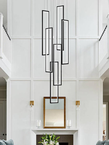 Modern Chandelier,Black Chandelier with 6 Ring Led Foyer Chandeliers,Larger High Ceiling Chandelier for Living Room,Square Chandelier for Entryway Staircase LED Dimming 2700K-6000K