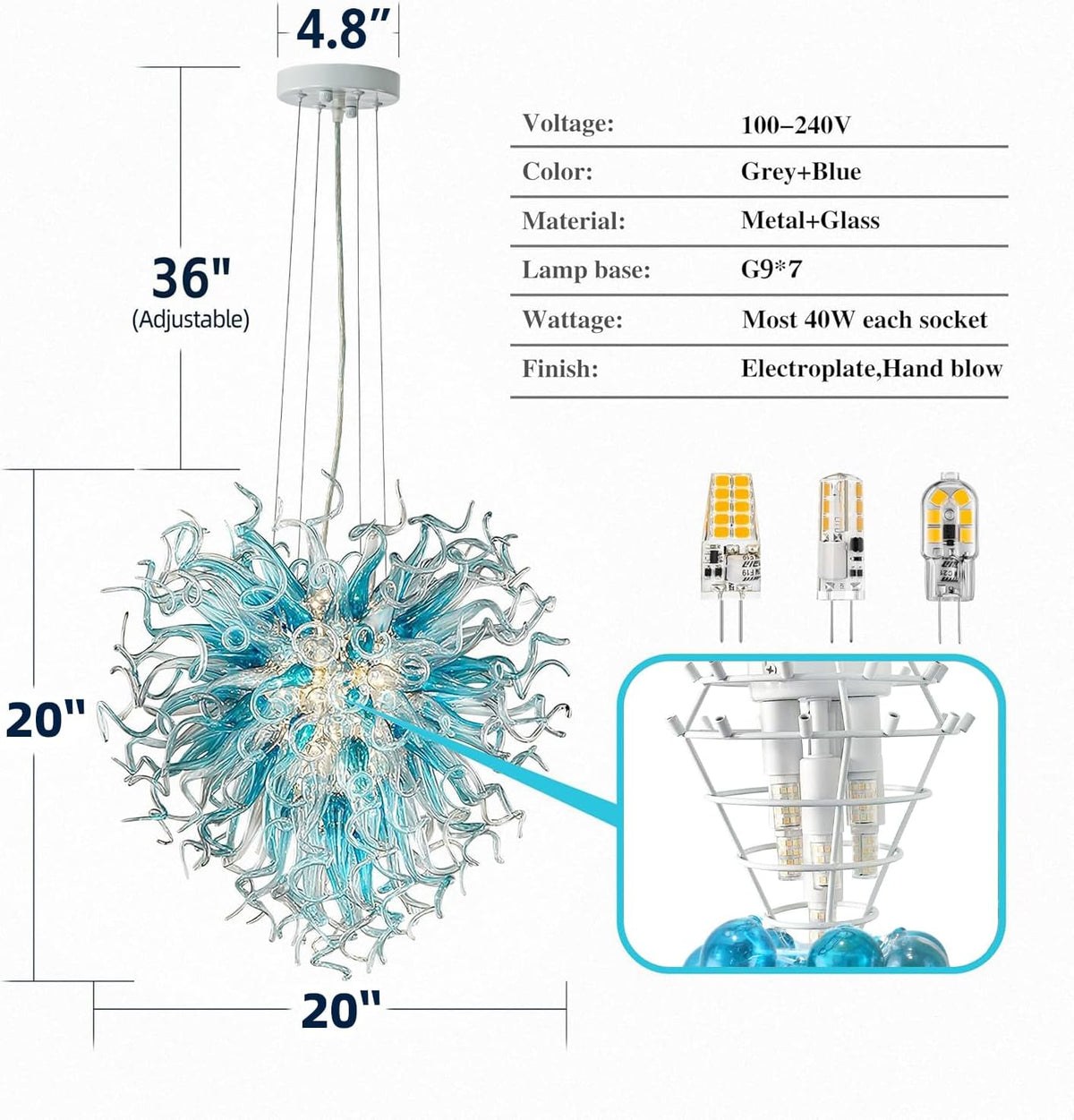 Chandeliers Modern Hand Blown Glass Art Chandelier, Hanging Pendant Ceiling Light Fixture for Kitchen, Bedroom, Dining Room, Hotel, Living Room; Customizable Size& Color