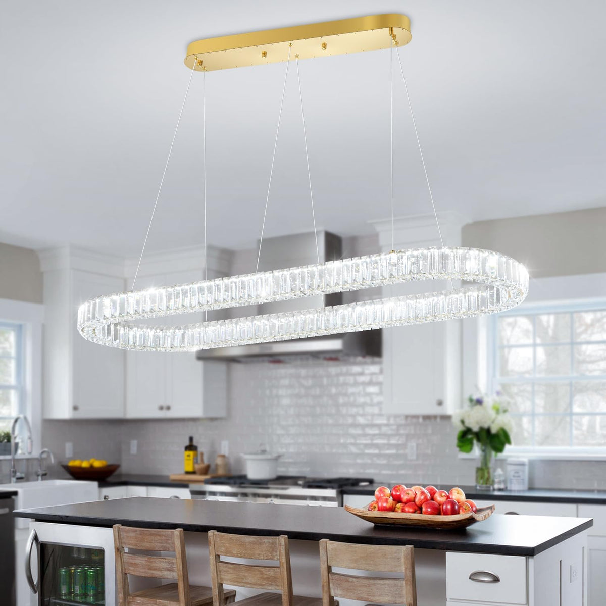 40Inch LED Crystal Ring Chandelier for Dining Room Modern Linear Pendant Light Oval Ring Chandeliers Dimmable 3000K-6000K