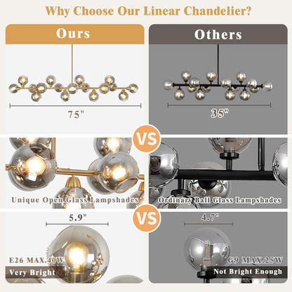 75'' Gold Linear Chandeliers for Dining Room Modern Extra Large Chandelier