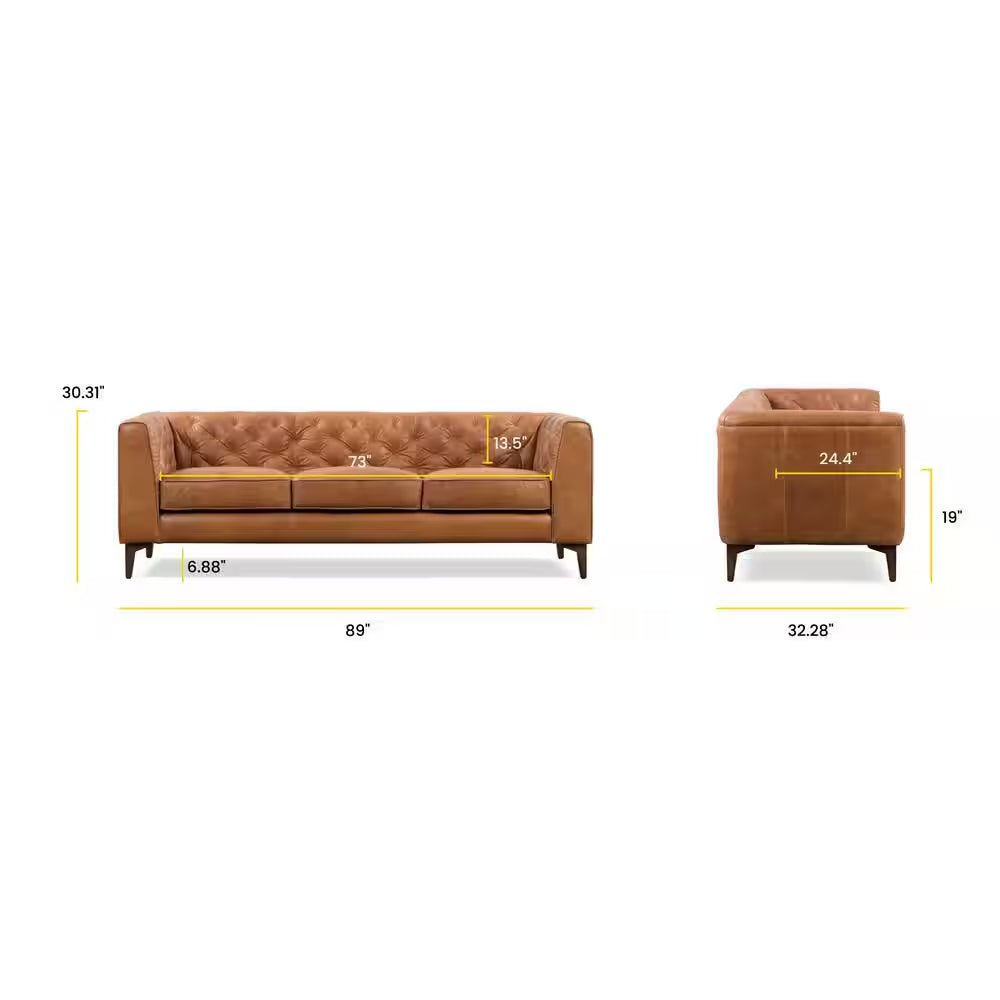 Essex 89 In. Square Arm 3-Seater Sofa in Cognac Tan
