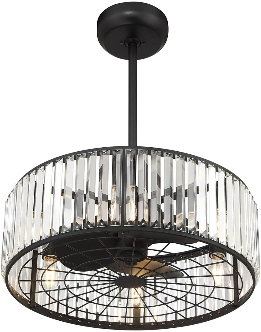 23-FD-245-322 Janus Luxe LED Chandelier Ceiling Fan with Light and Remote, Crystal Drum Fandelier with 6-Light 48 Total Watts, 10" H X 23" W, Matte Black