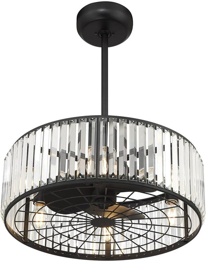 23-FD-245-322 Janus Luxe LED Chandelier Ceiling Fan with Light and Remote, Crystal Drum Fandelier with 6-Light 48 Total Watts, 10" H X 23" W, Matte Black