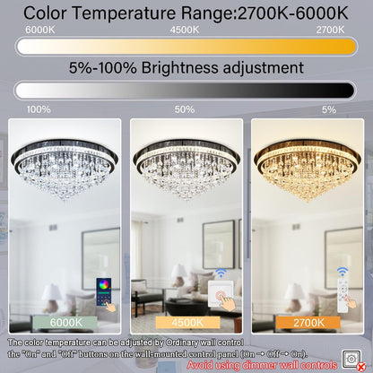 Dia 40" Modern Crystal Chandeliers for Living Room,Black Large Chandelier Flush Mount Chandeliers for Bedrooms Dining Room Dimmable 2700K 4500K 6000K