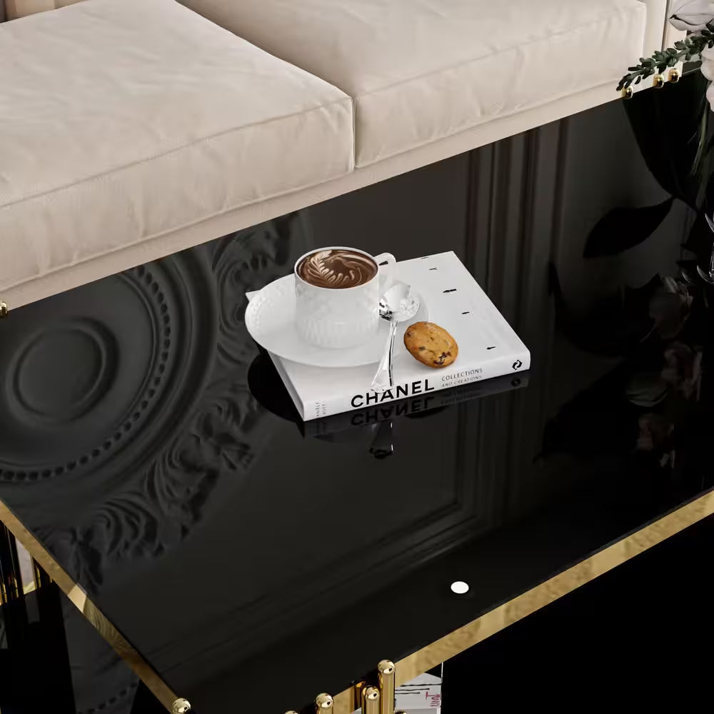 51 In. Black Rectangle Glass Coffee Table, Tempered Glass and Stainless Steel Legs, 2-Tier Center Table for Living Room