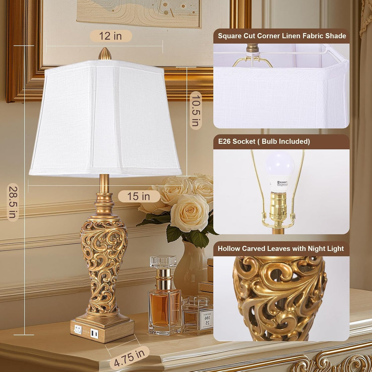 Vintage Table Lamps with Night Light, 28.5'' Tall, Antique Gold, Set of 2