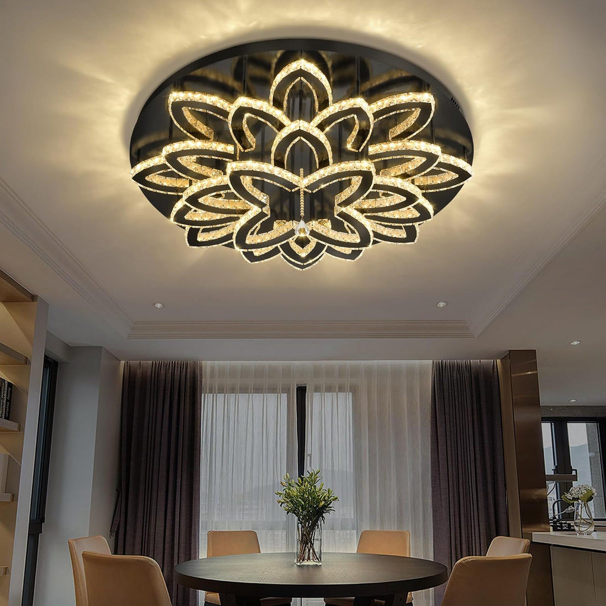 40" Modern Crystal Chandelier for Dining Room LED Dimmable Flush Mount Chandeliers Black Ceiling Chandelier for Living Room Bedrooms