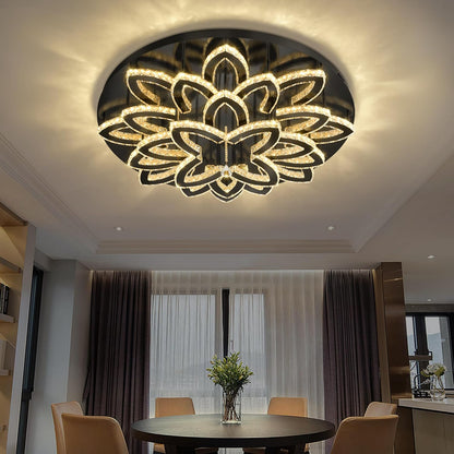 40" Modern Crystal Chandelier for Dining Room LED Dimmable Flush Mount Chandeliers Black Ceiling Chandelier for Living Room Bedrooms