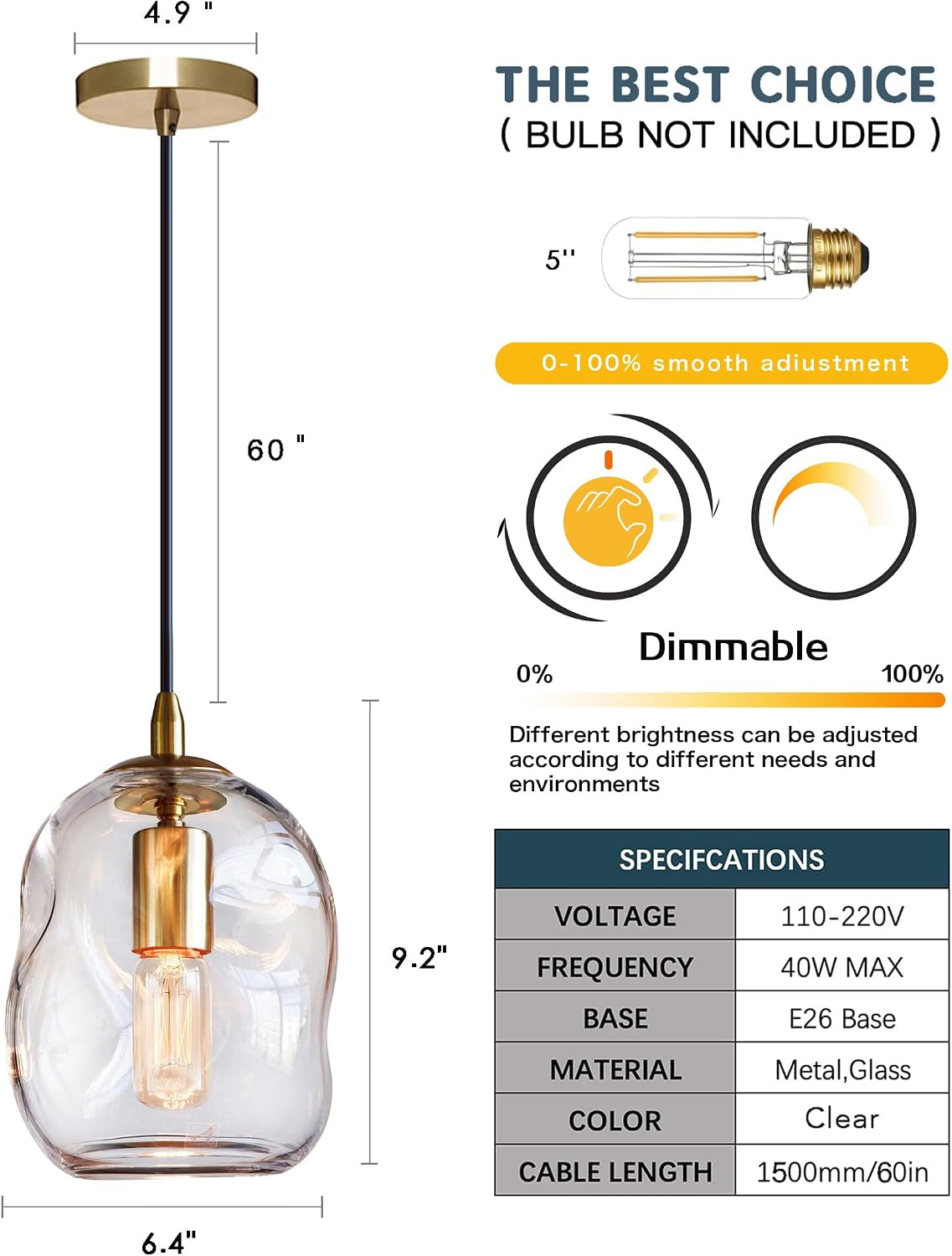 Glass Pendant Light, Brass Gold,Organic Globe 8 Inch H