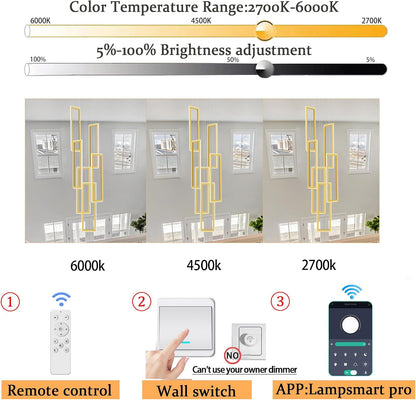 6-Ring Rectangle Chandelier Foyer High Ceiling Chandelier Contemporary Large Led Gold Ring Chandeliers for Staircase Villa