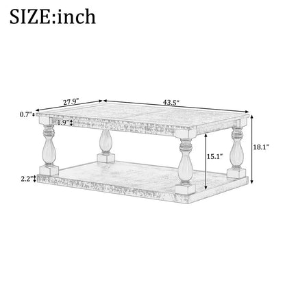 Rustic 43.5 In. Brown Rectangle Solid Wood Coffee Table with Storage Shelf, Artistic Vase Column Legs