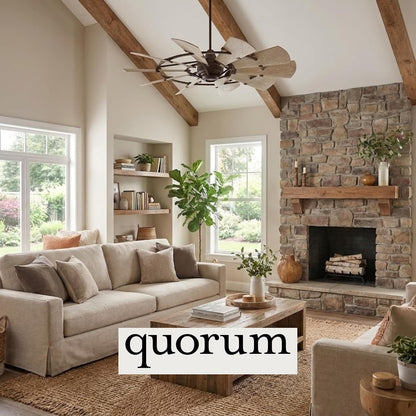 Quorum 95210-86 Windmill 52 Inch Ceiling Fan | 10 Blade Wagon Wheel Design | 6 Speed Reversible DC Motor | Remote Control Included | Dry Rated Indoor Fan | Weathered Oak Blades | Oiled Bronze Finish
