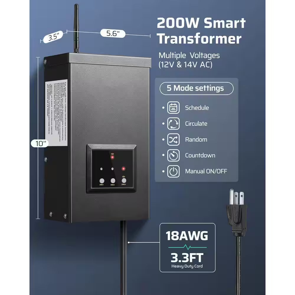 Smart Low Voltage Landscape Lighting Transformer 200W 3 Independent Outputs Remote Control Timer Weatherproof