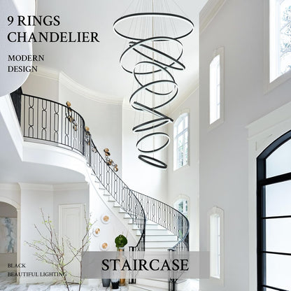 9-Rings D39.4In Modern LED Chandelier Black Dimmable High Ceiling Foyer Chandeliers Entryway with Remote Control for Staircase Entryway Living Room Foyer, 3000K-6500K