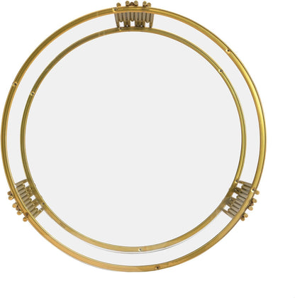 Koase Modern Mirror Coffee Table with Asymmetrical Gold Metal Base, 31.5" round Glass Top Center Accent Table, Circular Drum Design and Lower Display Shelf, Living Room Decor, Transparent