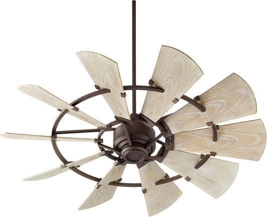 Quorum 95210-86 Windmill 52 Inch Ceiling Fan | 10 Blade Wagon Wheel Design | 6 Speed Reversible DC Motor | Remote Control Included | Dry Rated Indoor Fan | Weathered Oak Blades | Oiled Bronze Finish
