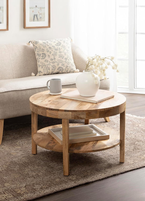 Tiered Modern round Coffee Table, 28 X 28 X 18, Natural Wood, Transitional Two-Tier Circle Living Room Table with Storage and Mango Wood Construction